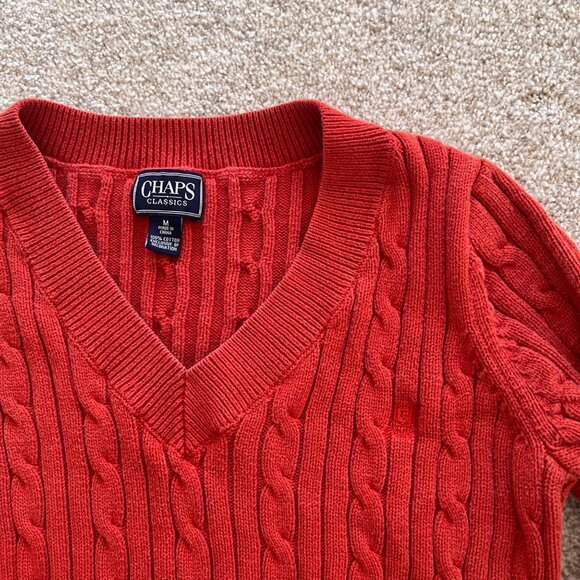 Burnt Orange Chaps Classics Fitted Cable Knit 100% Cotton V-neck Sweater - Picture 7 of 9